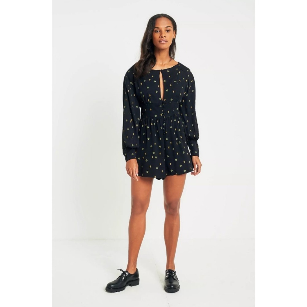 Free People Black Love Grows Long Sleeve Keyhole Romper Garden Print S - Picture 2 of 15